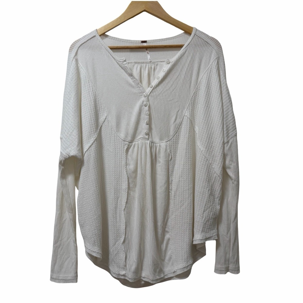 Free People Womens Leo Thermal Oversized Henley Top‎ Size M White Bohemian Boho